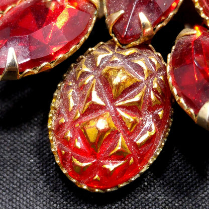 Judy Lee Red Rhinestone Brooch, Red Gold Molded Glass Petals, 1960s Vintage Jewelry