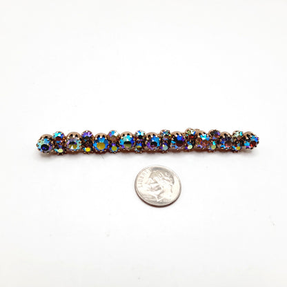 Vintage Aurora Borealis Rhinestone Bar Pin, Gold Plated Backing, Prong Set, 3 1/2 Inch