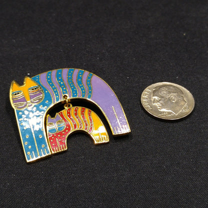 Laurel Burch "Mr. Jio's Cat" Brooch with Dangling Cat Charm, Gold Plated, Cloisonne Enamel, 1980s Vintage Jewelry