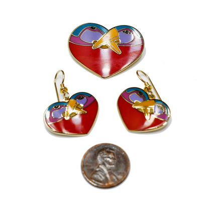 Laurel Burch "Bird Heart" Red Brooch & Earrings, Gold Plated Cloisonne Enamel, 1980s Vintage Jewelry