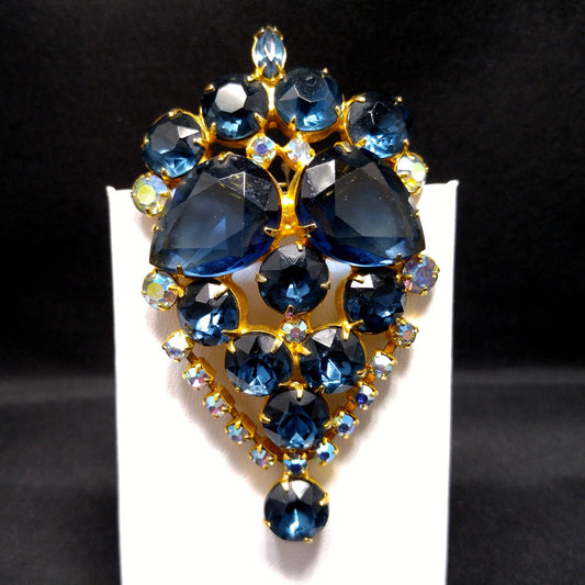 Large Blue Rhinestone Brooch & Pendant, Gold Plated, 1960s Vintage Jewelry