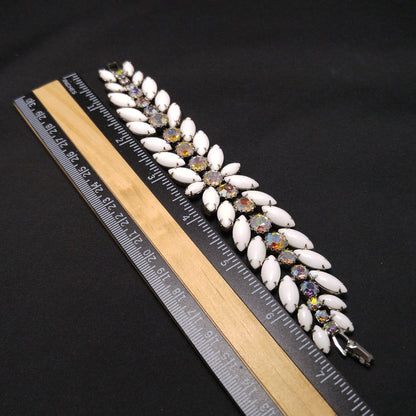 Weiss Milk Glass Bracelet, Aurora Borealis, Rhodium, 1960s Vintage Jewelry