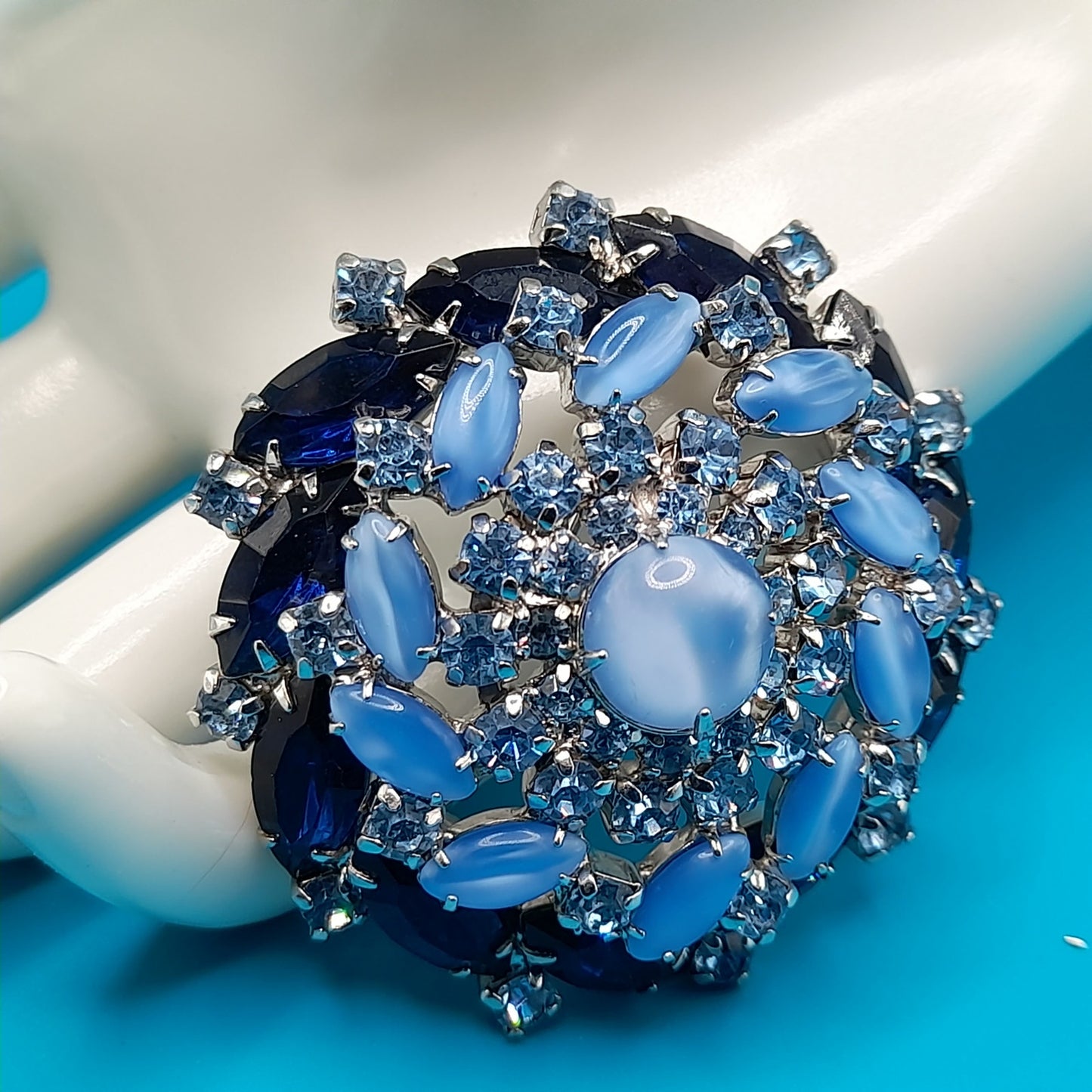 Vintage Blue Domed Rhinestone Brooch Light & Dark Blue Cabochon 1960s