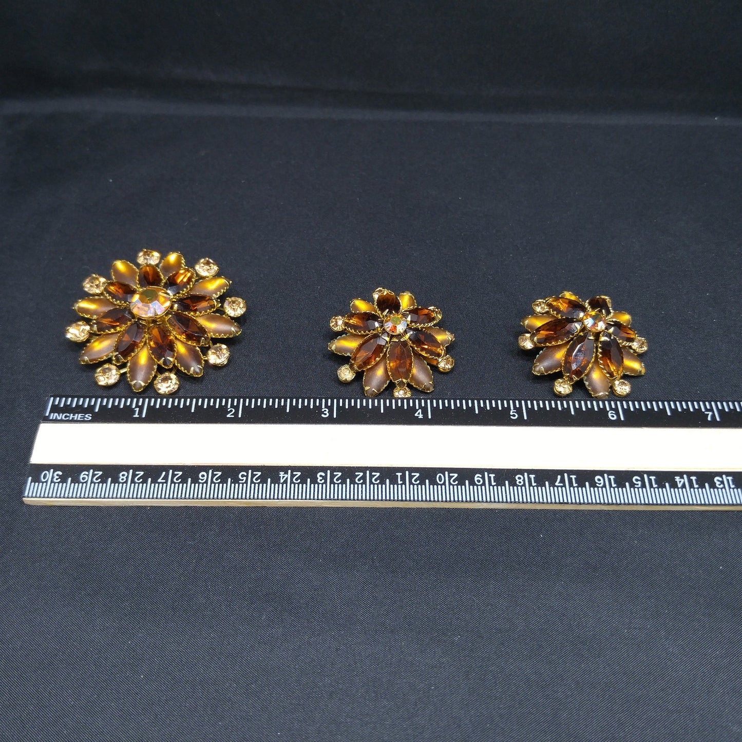 Judy Lee Topaz Rhinestone Brooch & Earrings Set, Gold Plated, Aurora Borealis, 1960s