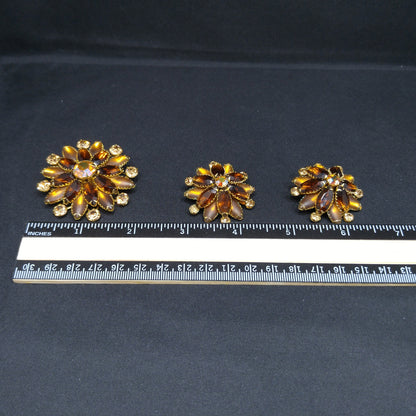 Judy Lee Topaz Rhinestone Brooch & Earrings Set, Gold Plated, Aurora Borealis, 1960s