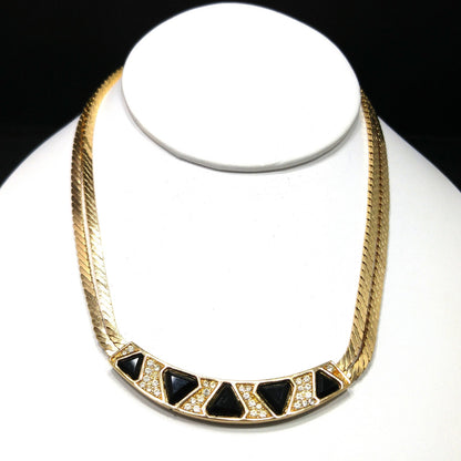 Vintage Christian Dior Black Crystal Geometric Necklace, Clear Rhinestones, Gold Plated