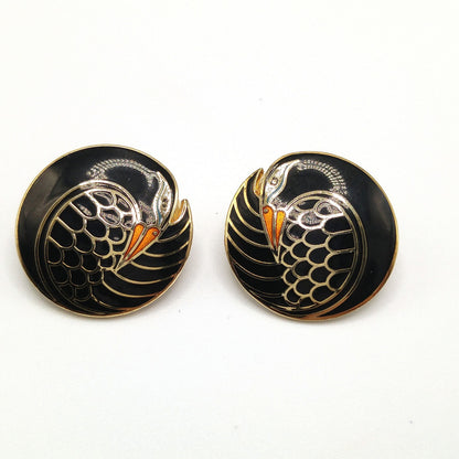 Laurel Burch "Mynah Bird" Black Clip Earrings, Gold Plated, 1980s Vintage