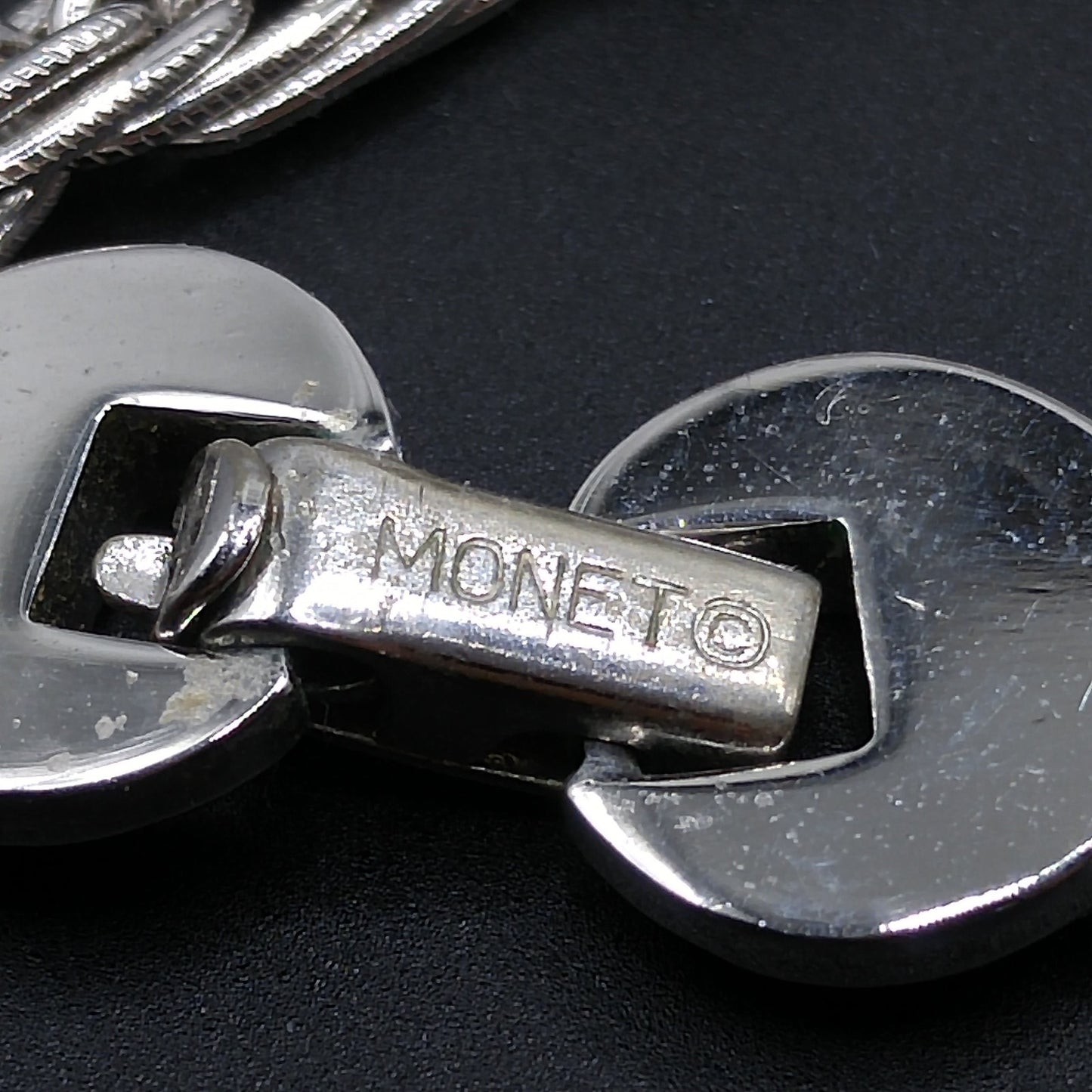 Monet Rhodium Plated Pendant Necklace, Fold Over Clasp, 1960s Vintage Jewelry