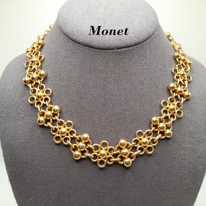 Vintage Monet Designer Matte Gold Plate Etruscan Style Choker Collar Necklace