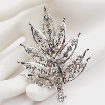 Vintage Clear Rhinestone Leaf Brooch Silver Tone Pin - 2 3/4 Inches Lightweight