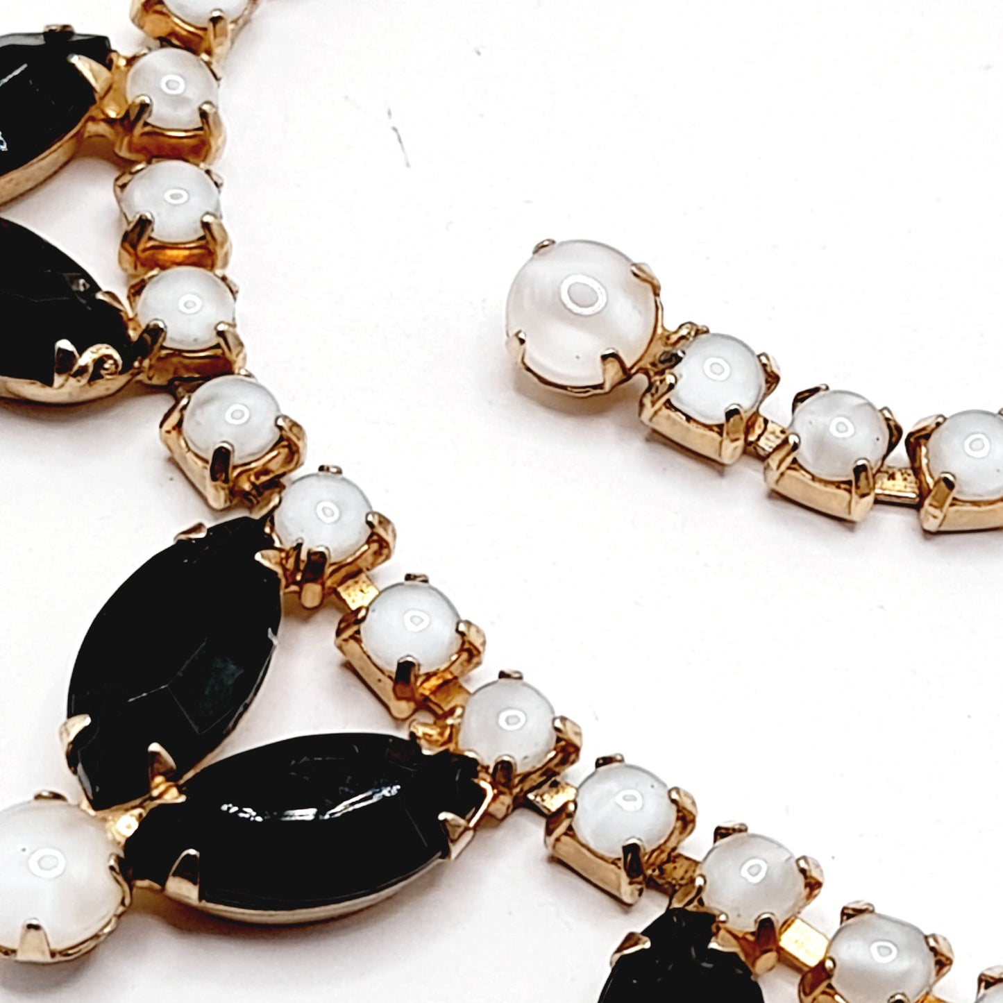 Vintage Black Rhinestones Milky White Cabs Gold Plated Choker Necklace, 1960s