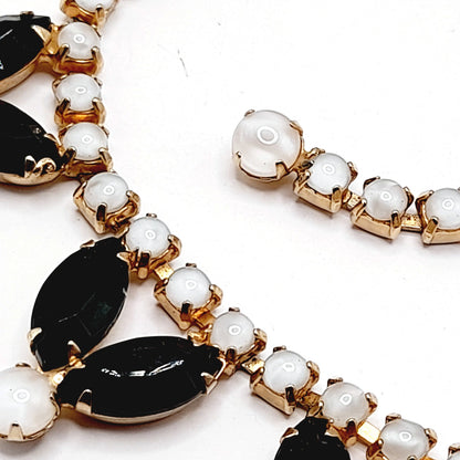 Vintage Black Rhinestones Milky White Cabs Gold Plated Choker Necklace, 1960s