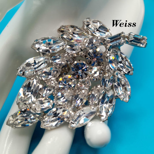 Vintage Weiss Floral Brooch, Rhodium Plated, Clear Rhinestones, 1960s Jewelry