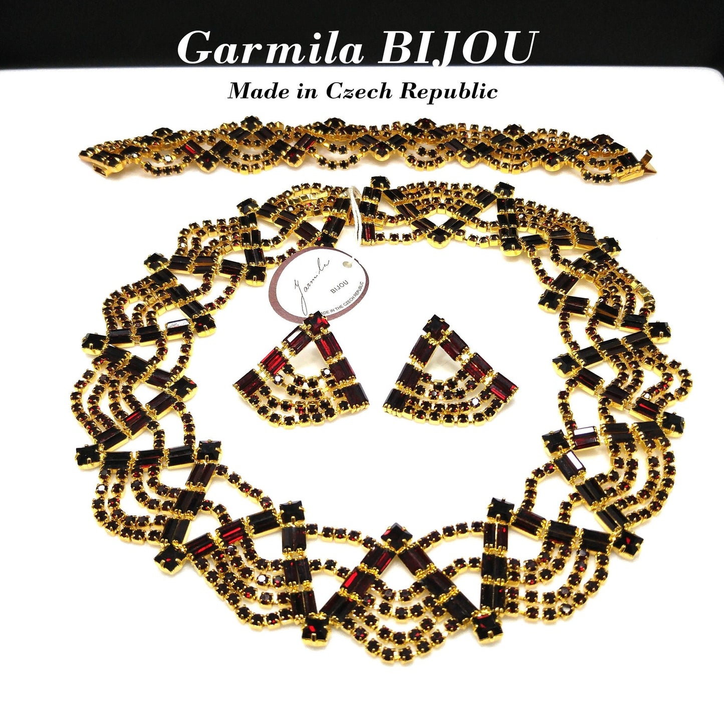 Czech Republic Garnet Red Rhinestone Necklace Bracelet Earrings, Gold Plated, 1990s Vintage Jewelry