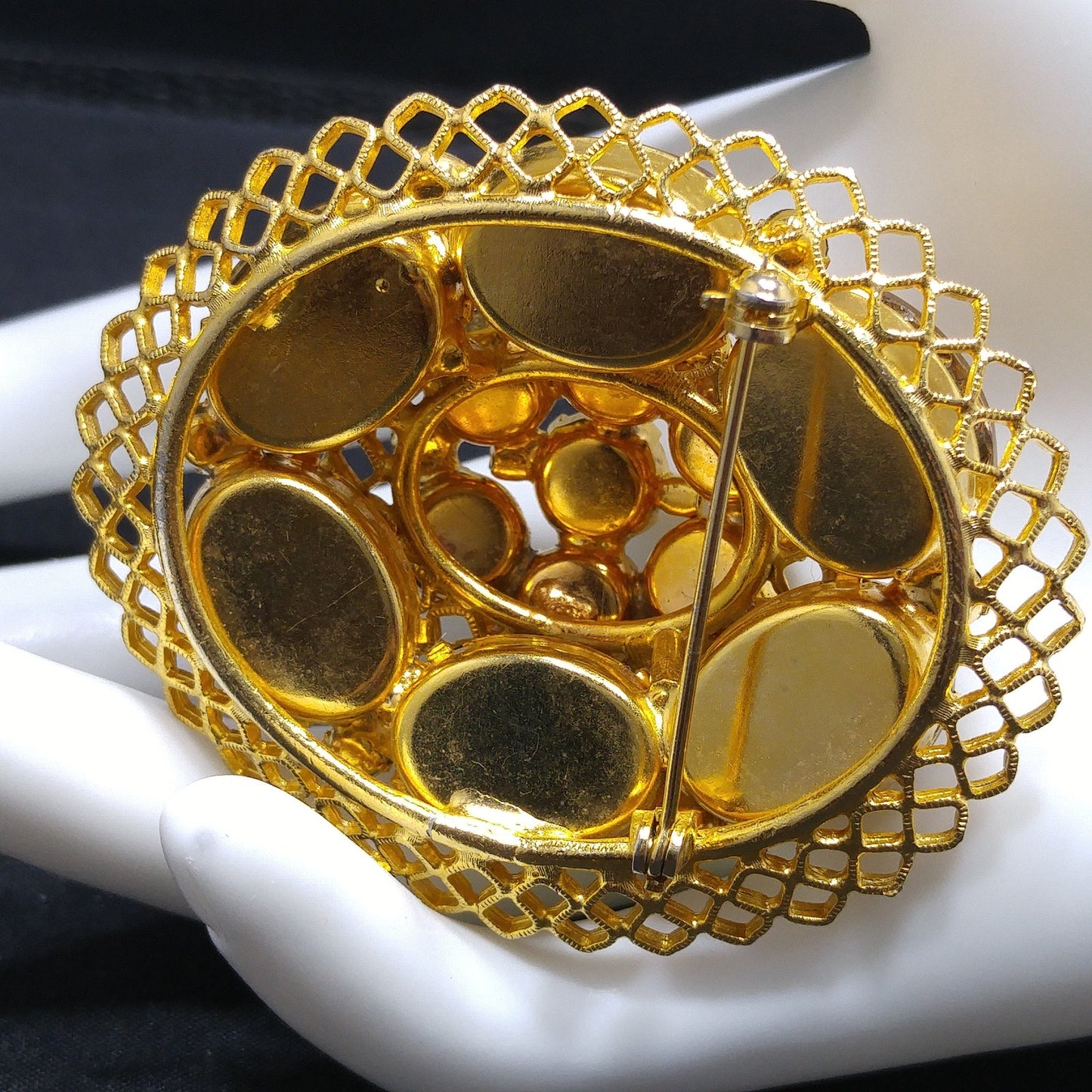 Light Dark Topaz Rhinestones Filigree Brooch, Art Glass, Two Tiered Oval Pin, 1960s Vintage Jewelry