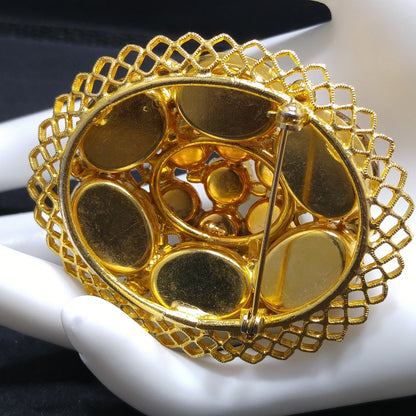 Light Dark Topaz Rhinestones Filigree Brooch, Art Glass, Two Tiered Oval Pin, 1960s Vintage Jewelry