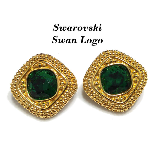 Swarovski Swan Logo Earrings, Emerald Green Crystal, Gold Plated Clip On, 1980s Vintage Jewelry