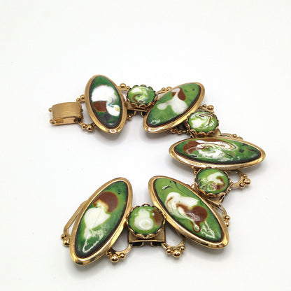 Mid-Century Enamel Book Chain Bracelet, Green Brown White Gold, 1950s Vintage Jewelry