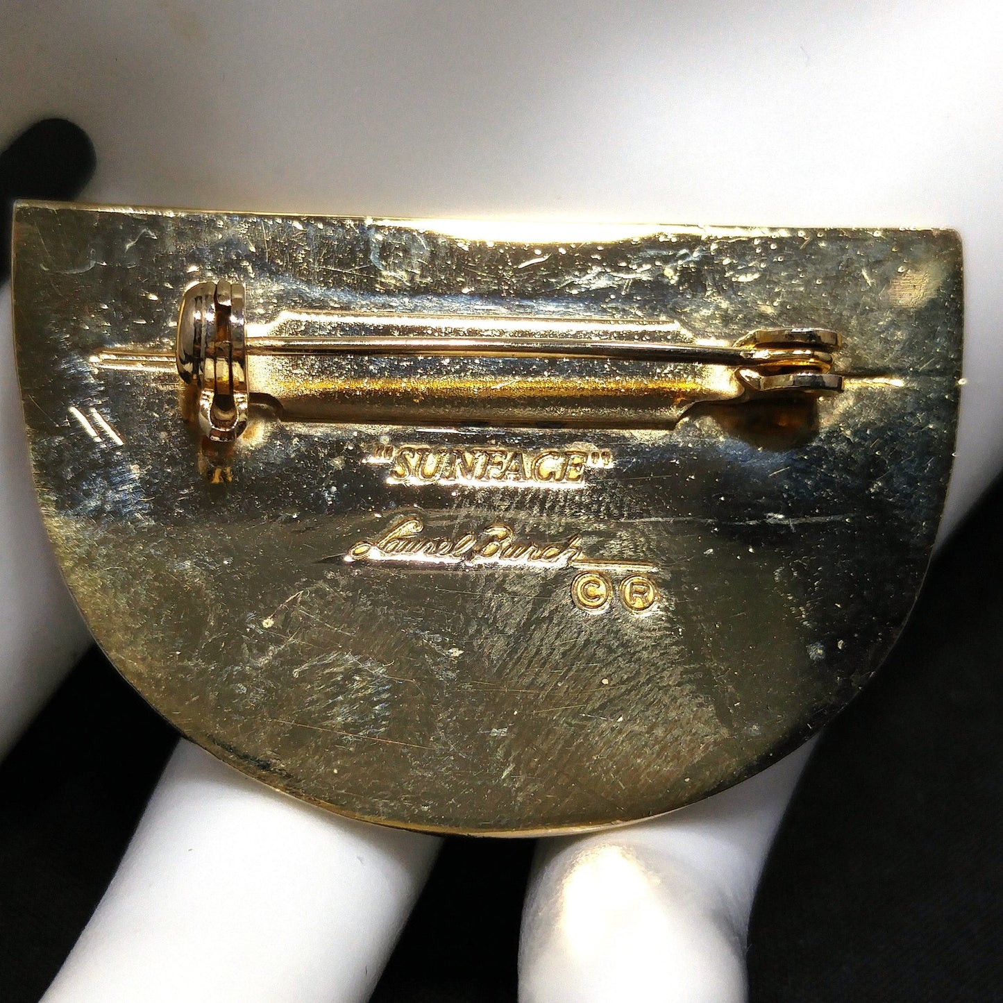 Laurel Burch "Sunface" Brooch, Snake Eyes, Gold Plated, 1980s Vintage Jewelry