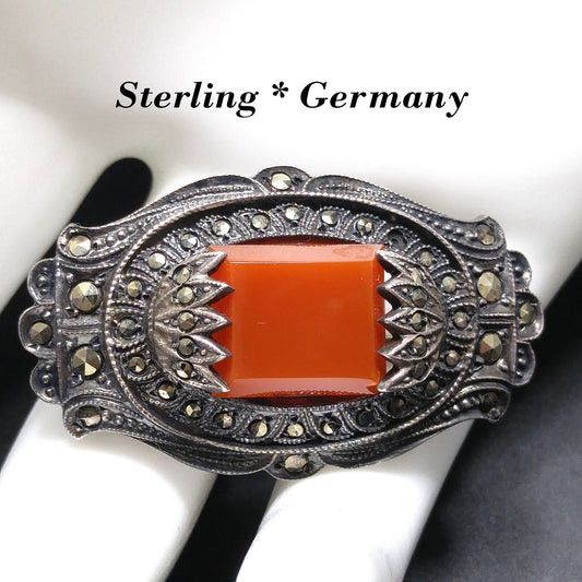 Silver Rust Gemstone Marcasite Brooch, Germany Sterling, 1930s Vintage Jewelry