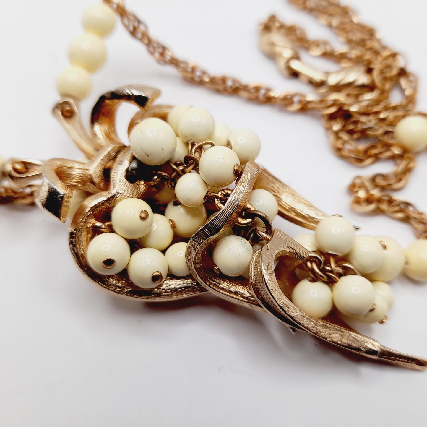 Vintage Articulated Fruit Pendant Gold Tone White Bead Necklace, 24 Inches