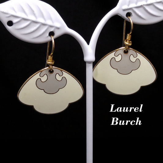 Vintage Laurel Burch Cream Scalloped Fan Earrings, Cream & Gray, Gold Plated