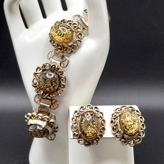 Vintage Glitter Lucite Bracelet Earrings Set, Book Chain, 1950s Vintage Jewelry
