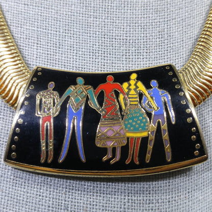 Laurel Burch "Familia" Cloisonne Necklace, Gold Plated Omega Chain, 1980s Vintage Jewelry