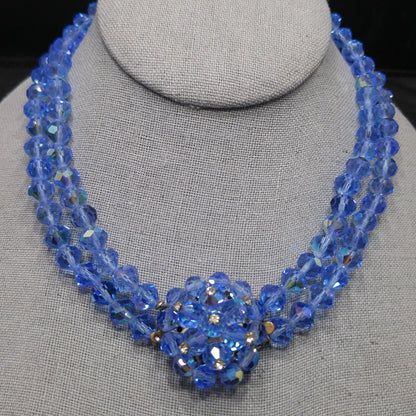 Vintage 1950s Aurora Borealis Blue Crystal Beaded Two-Strand Choker Necklace – Rhinestone Clasp