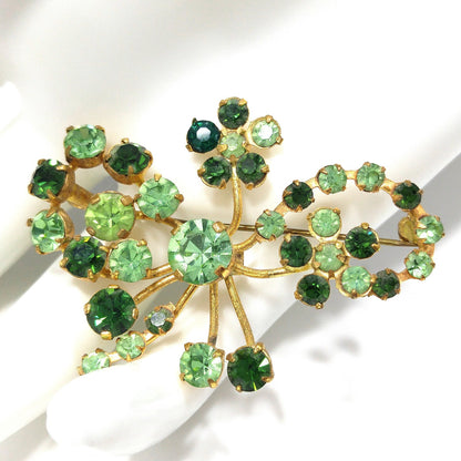 Vintage 1950s Austrian Green Rhinestone & Uranium Glass Brooch – Floral Design