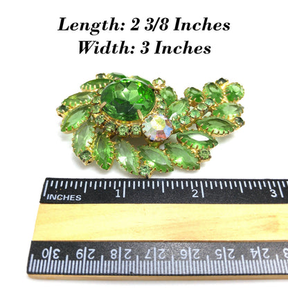 Peridot Green Floral Spray Brooch, Large Green Rhinestone, 1960s Vintage Jewelry
