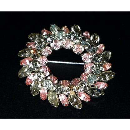 Sherman 1950s Pink & Smoky Gray Rhinestone Wreath Brooch | Rhodium Plated Mid-Century Signed Pin