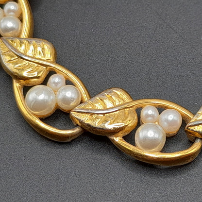 Vintage Napier 1980s Faux Pearl Leaves Gold Tone Bracelet, Pat. #4.774.743