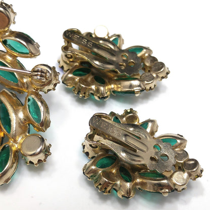 Vintage Weiss Emerald Green Brooch & Earrings, Aurora Borealis, Gold Plated
