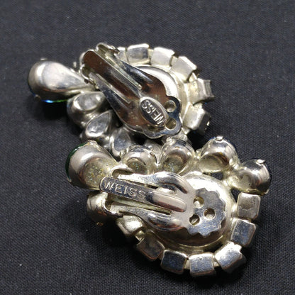 Weiss Blue Green Rhinestone Earrings, Rhodium Plated, 1950s Vintage Jewelry