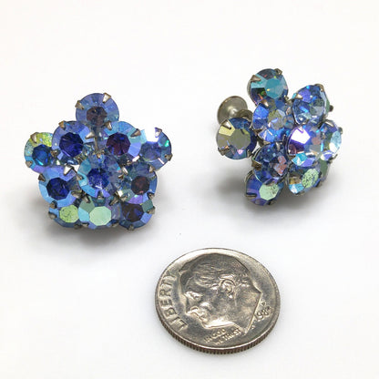 Weiss Blue Aurora Borealis Earrings, Screw Back Gold Plated, 1950s Vintage