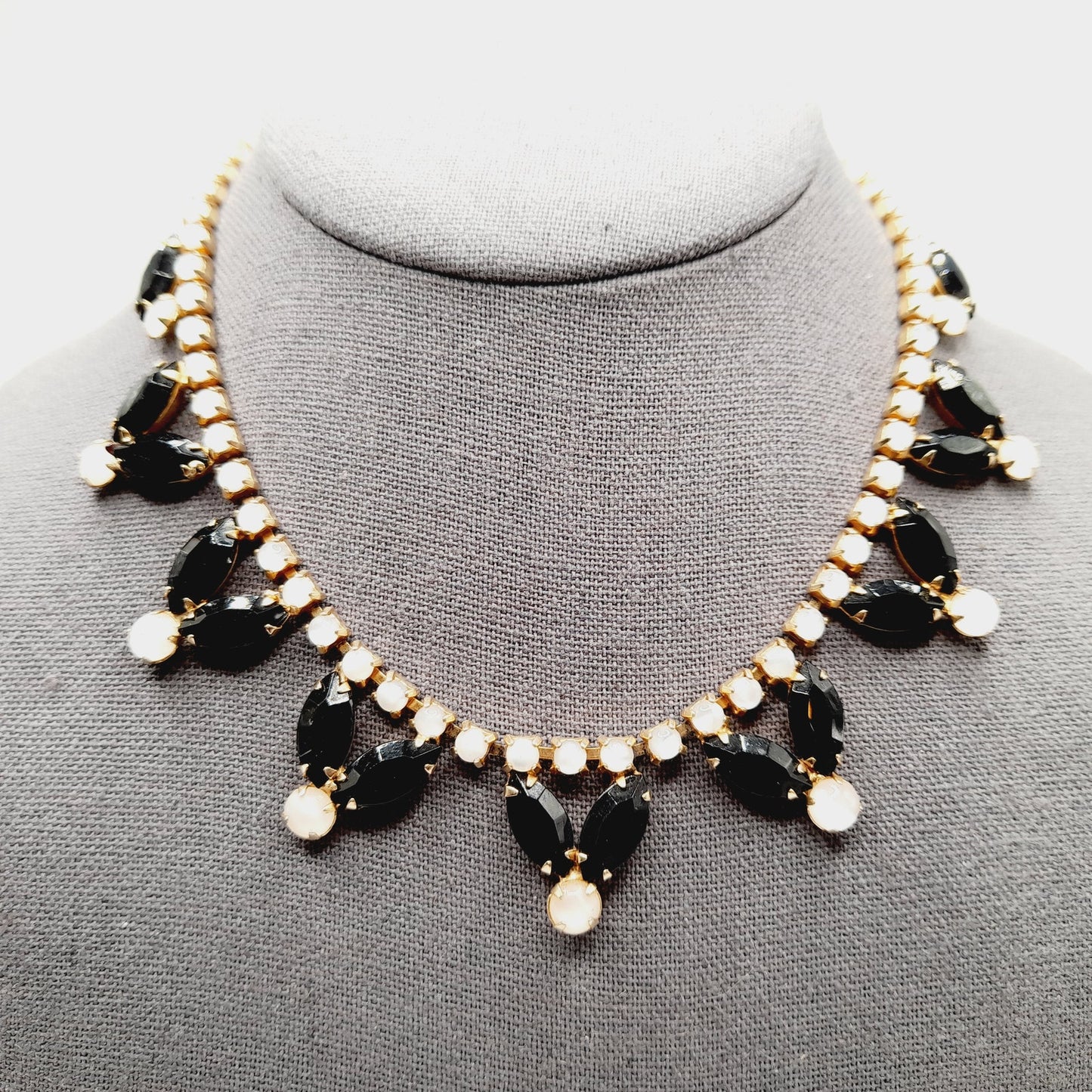 Vintage Black Rhinestones Milky White Cabs Gold Plated Choker Necklace, 1960s