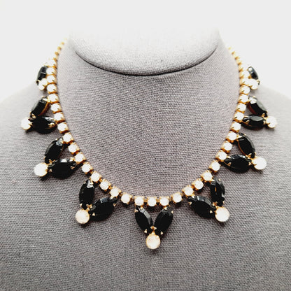 Vintage Black Rhinestones Milky White Cabs Gold Plated Choker Necklace, 1960s