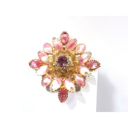 Pink Rhinestone Art Glass Domed Floral Brooch, Gold Plated Filigree, 1960s Vintage Jewelry