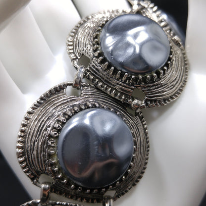 Mid-century Silver Chunky Five Link Bracelet, Gold Plated, Blue Lucite Metallic Pearled, 1960s Vintage Jewelry