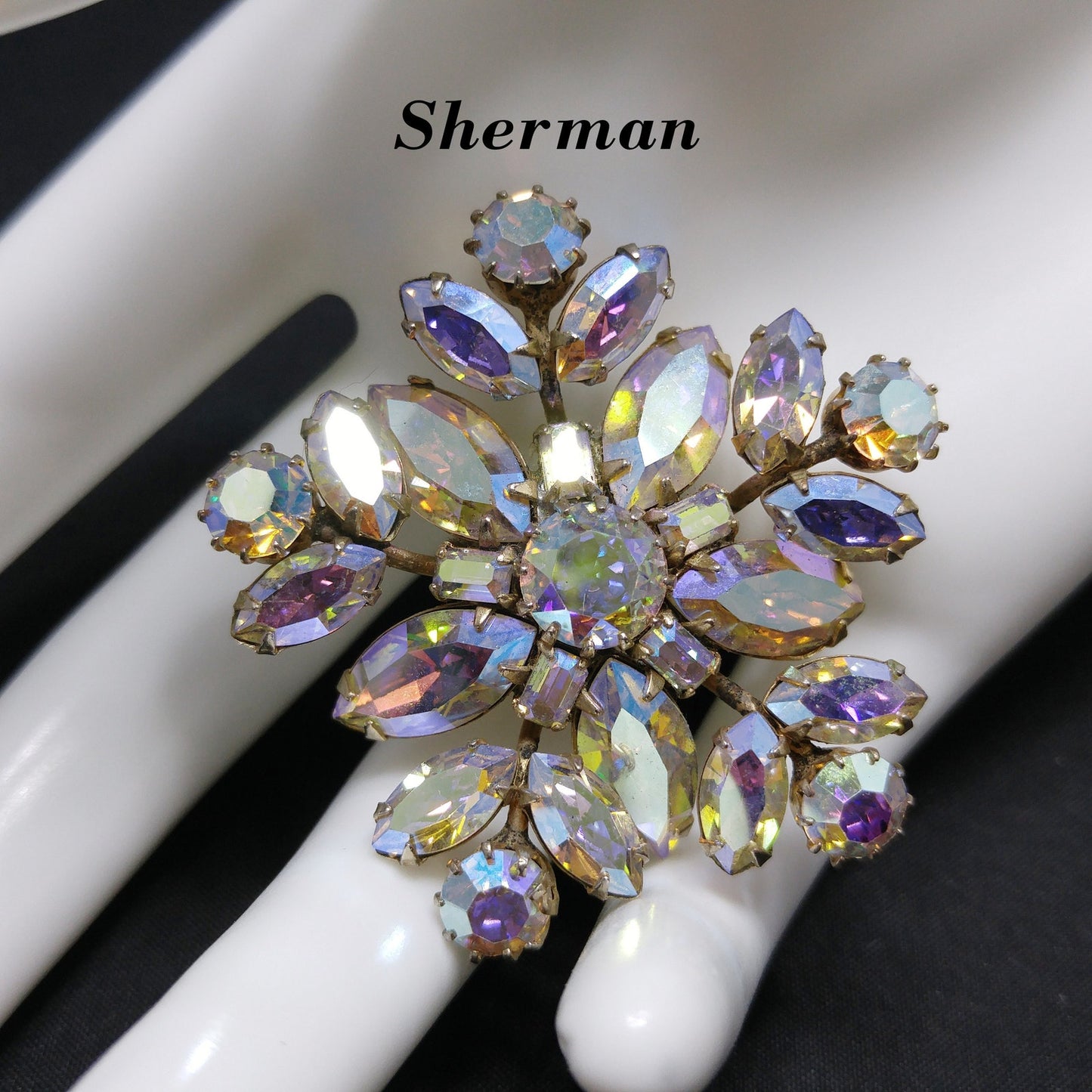 Vintage Sherman Snowflake Rhinestone Brooch, Aurora Borealis, 1960s