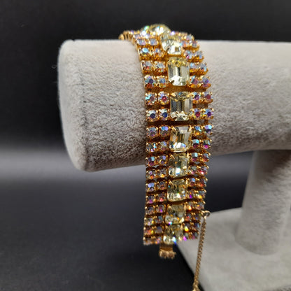 Jonquil Aurora Borealis Rhinestone Wide Bracelet, Gold Plated, 1960s Vintage Jewelry