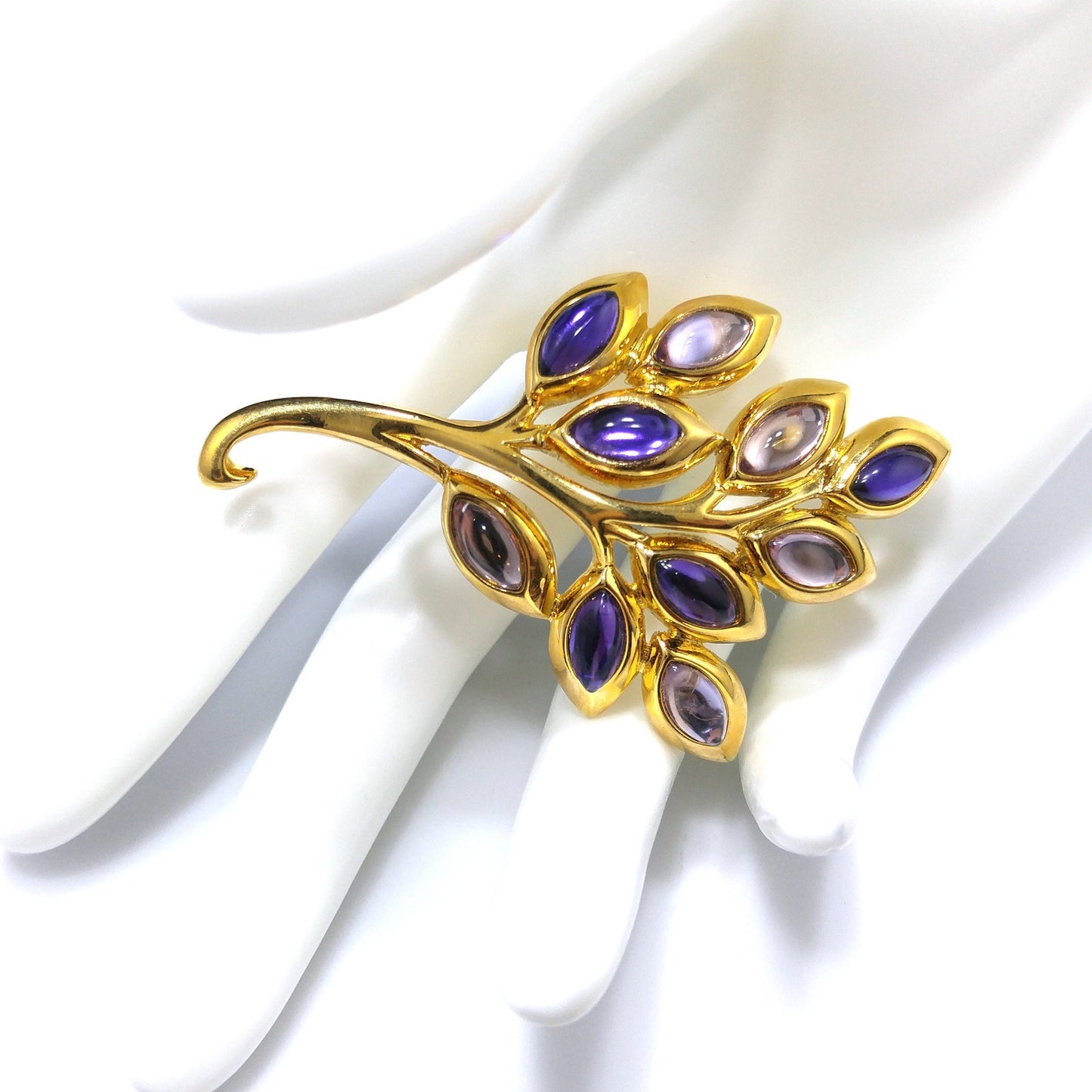 Trifari TM Purple Cabochon Gold Plated Brooch, Spray of Leaves Pin, 1980s Vintage Jewelry