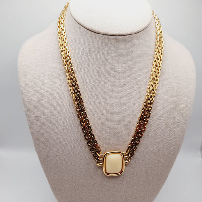 Vintage Monet Cream Cabochon Necklace Gold Plated 18 Inch Signed Pendant