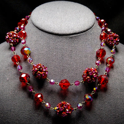 Vendome Red Crystal Necklace, Rhinestone Clusters, Two Strands, 1950s Vintage
