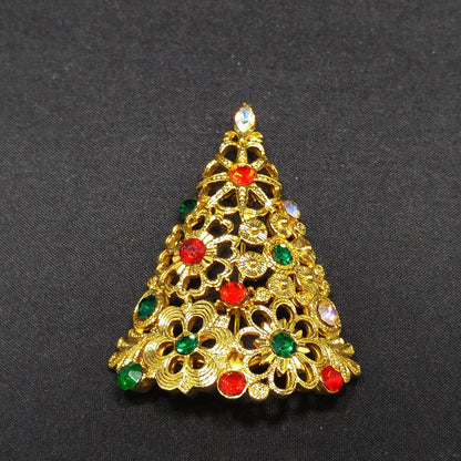 Mylu Christmas Tree Brooch, Gold Plated Floral Rhinestone Pin, 1960s Vintage Holiday Jewelry
