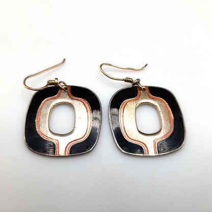 Vintage Laurel Burch Black Gold Drop Earrings, Open Center, Pink Metallic Ring