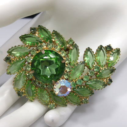Peridot Green Floral Spray Brooch, Large Green Rhinestone, 1960s Vintage Jewelry