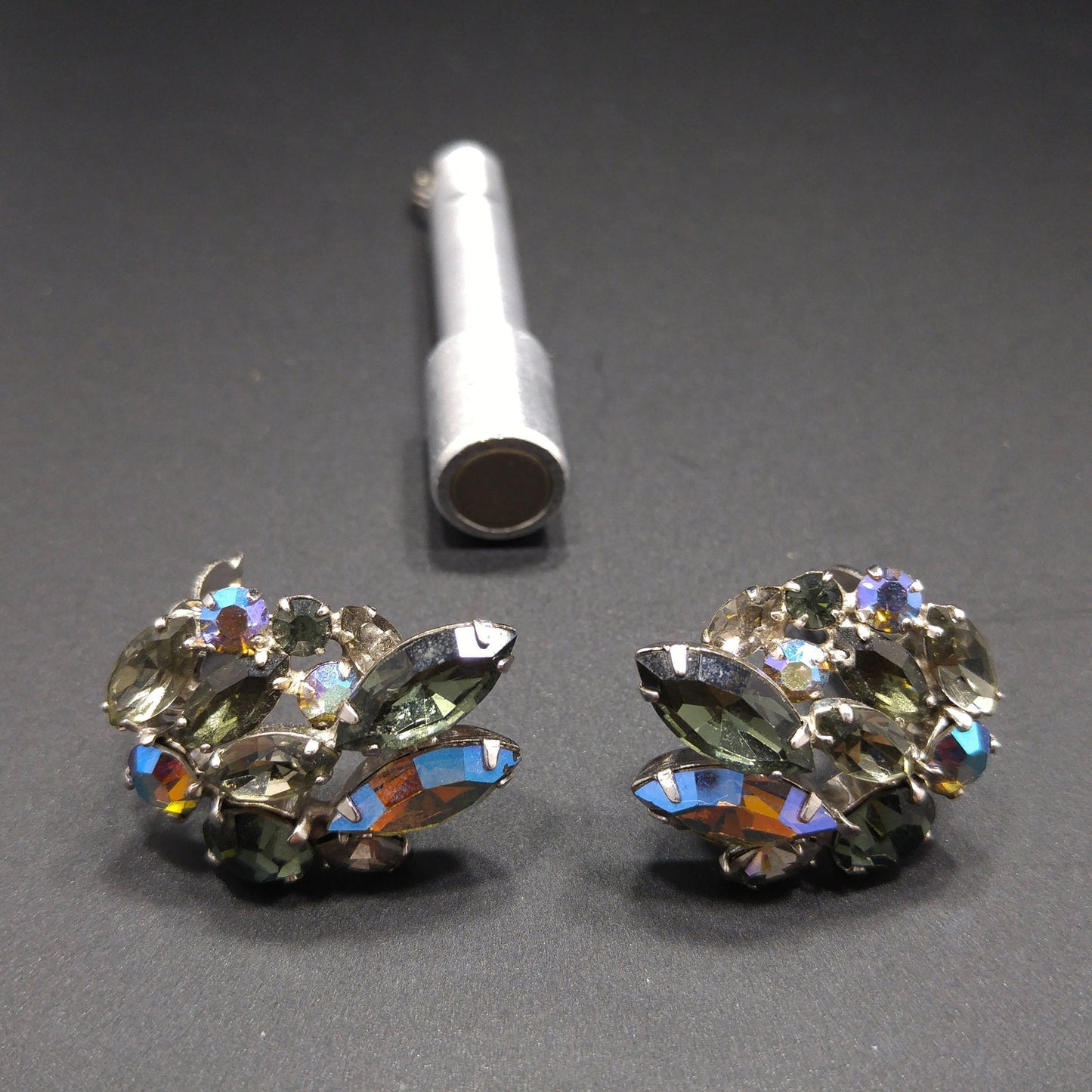 Sherman Black Diamond Rhinestone Earrings, Aurora Borealis, 1960s Vintage Jewelry