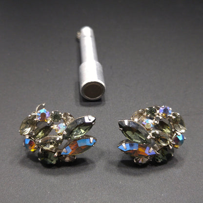 Sherman Black Diamond Rhinestone Earrings, Aurora Borealis, 1960s Vintage Jewelry